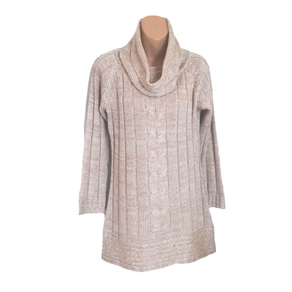 Brittany Black Beige Cable Knit L/S Tunic Cowl Sweater Petite XL Cozy Minimalist